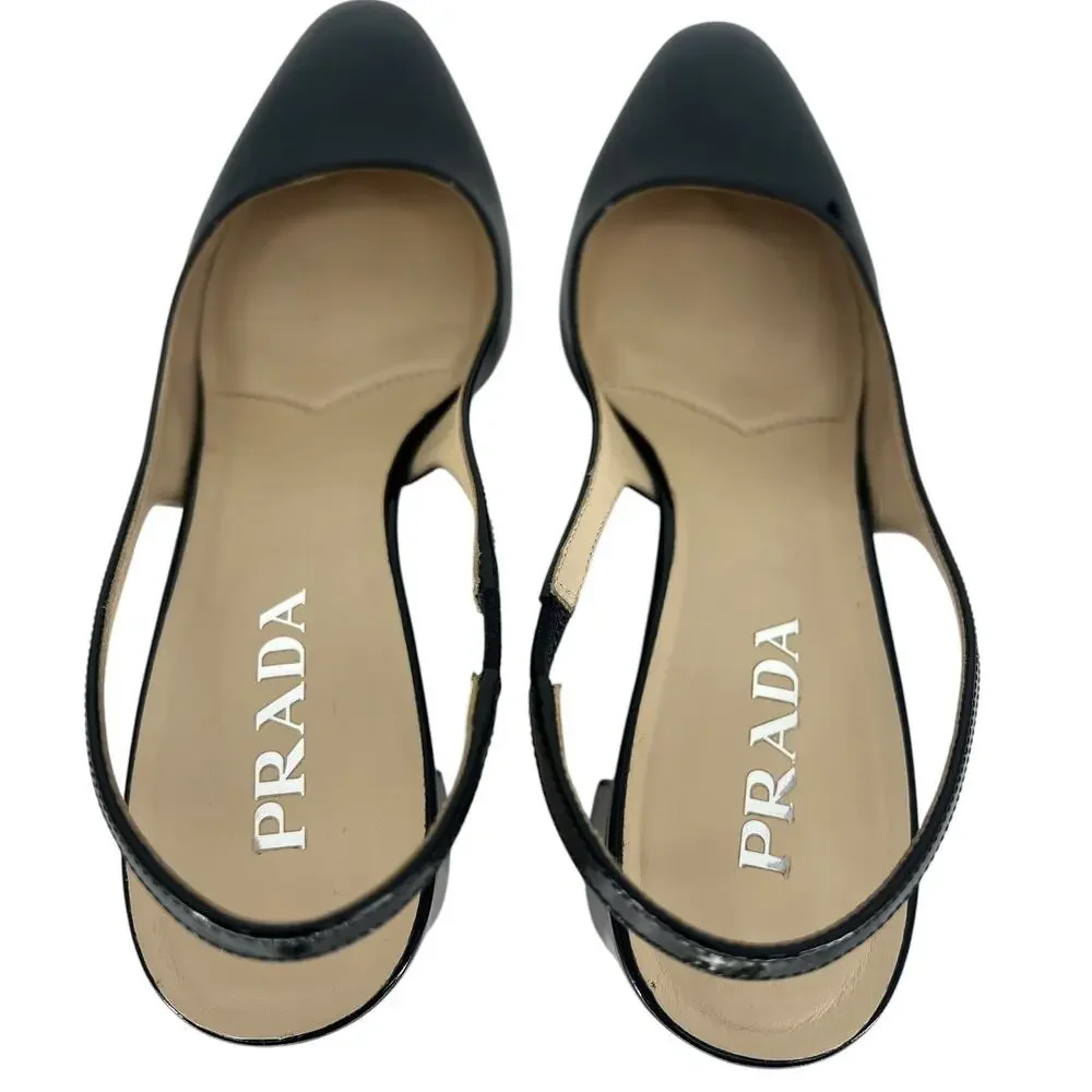 Prada Triangle‎ Logo Patent Leather Slingback Pumps Black 40
